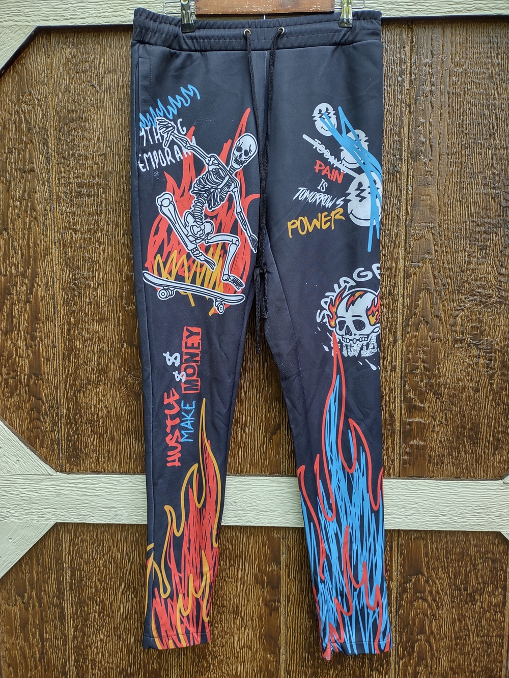 Rue21 Black Joggers with Red & Blue Flame Skull Graphics